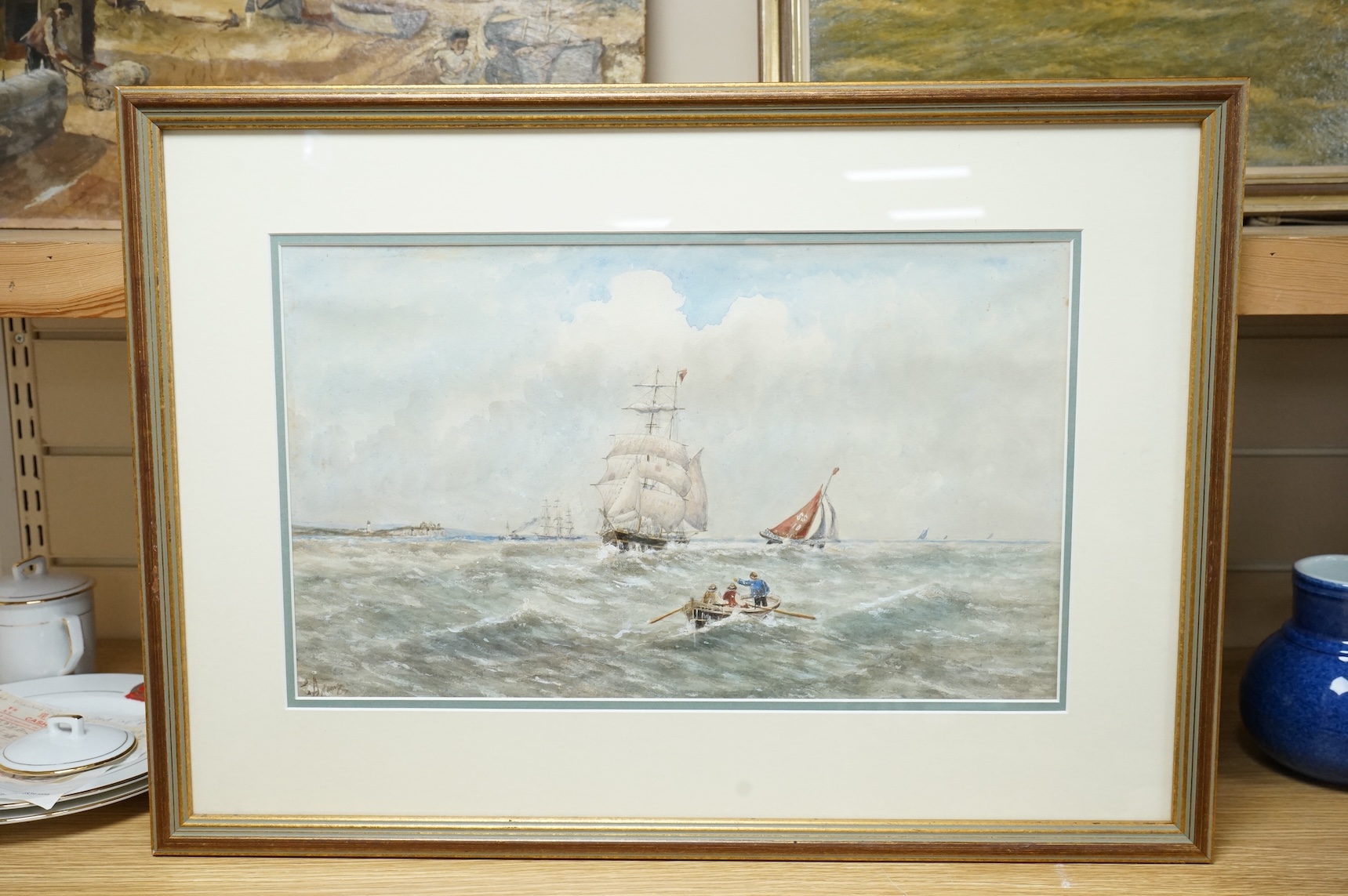 Edouard Adam (French 1847-1929), watercolour, Shipping off coast with a rowing boat in the foreground, (possibly off St Ives, Cornwall, by SS Sail no. on boat in middle foreground), signed, 26 x 43cm